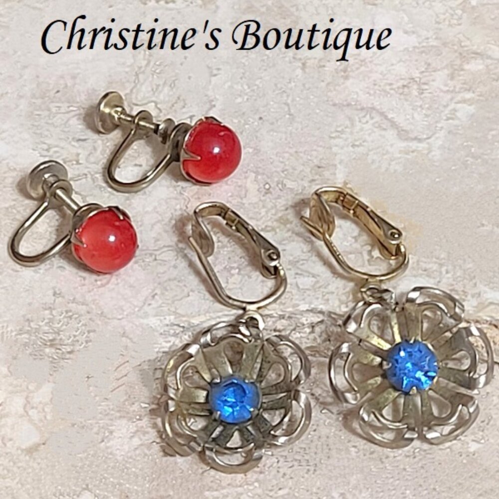 Clip on and screw back earrings, vintage, set of 2, red stud and blue rhinestone